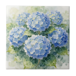 Azulejo De Cerâmica Ramalhete de Hortênsias Azuis em Aquarela