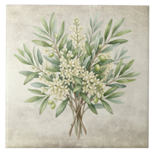Azulejo De Cerâmica Ramalhete de Oliveiras Mediterâneo Aquarelas Rústi