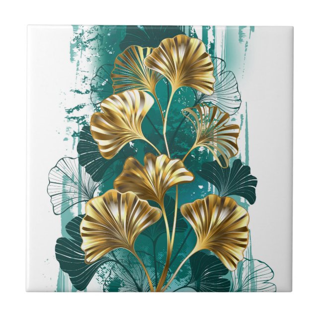 Azulejo De Cerâmica Ramificação com Ouro deixa Ginko Biloba (Frente)