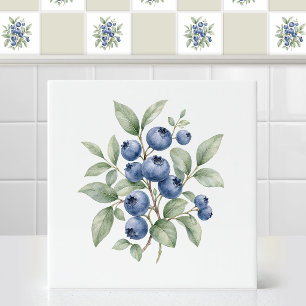 Azulejo De Cerâmica Ramo Botânico de Mirtilo Azul Selvagem em Aquarela