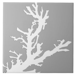 Azulejo De Cerâmica Ramo de coral - branco sobre cinza prateado