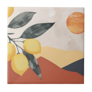 Azulejo De Cerâmica Ramo de Limão Boho com Sol Minimalista Abstrato