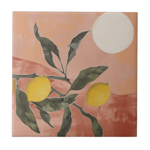 Azulejo De Cerâmica Ramo de Limão Boho com Sol Minimalista Abstrato (2