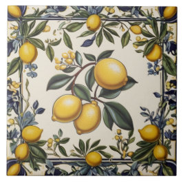 Azulejo De Cerâmica Ramo de Limão Espanhol Folhas de Limões Azul e Bra
