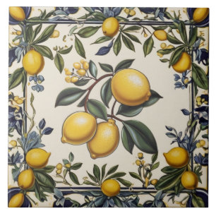 Azulejo De Cerâmica Ramo de Limão Espanhol Folhas de Limões Azul e Bra