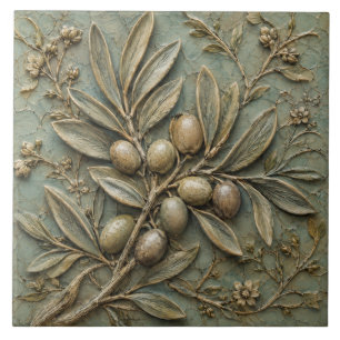 Azulejo De Cerâmica Ramo de Oliveira Antigo Relevo Falso Botânico