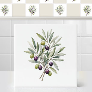 Azulejo De Cerâmica Ramo de oliveira mediterrâneo em aquarela com folh