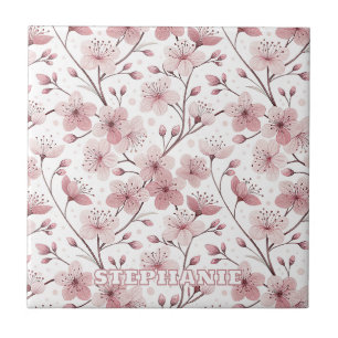 Azulejo De Cerâmica Ramos Brancos de Flor de Cerejeira Rosa Romântica