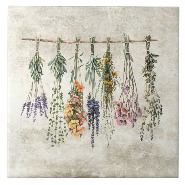 Azulejo De Cerâmica Ramos de Flores Rústicas Secas & Ervas (Frente)