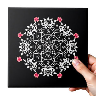Azulejo De Cerâmica Rangoli branco com hibisco