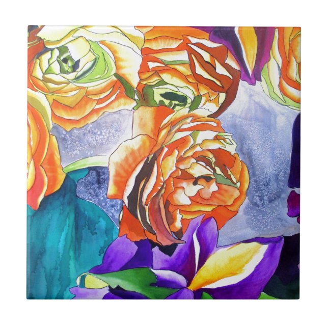 Azulejo De Cerâmica Ranunculus e Iris watercolor art (Frente)
