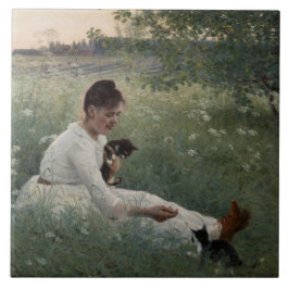 Azulejo De Cerâmica Rapariga com Gatos na Paisagem de Verão (Kittens)