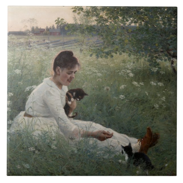 Azulejo De Cerâmica Rapariga com Gatos na Paisagem de Verão (Kittens) (Frente)