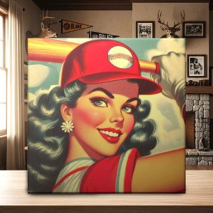 Azulejo De Cerâmica Rapariga de Basebol Retroativa