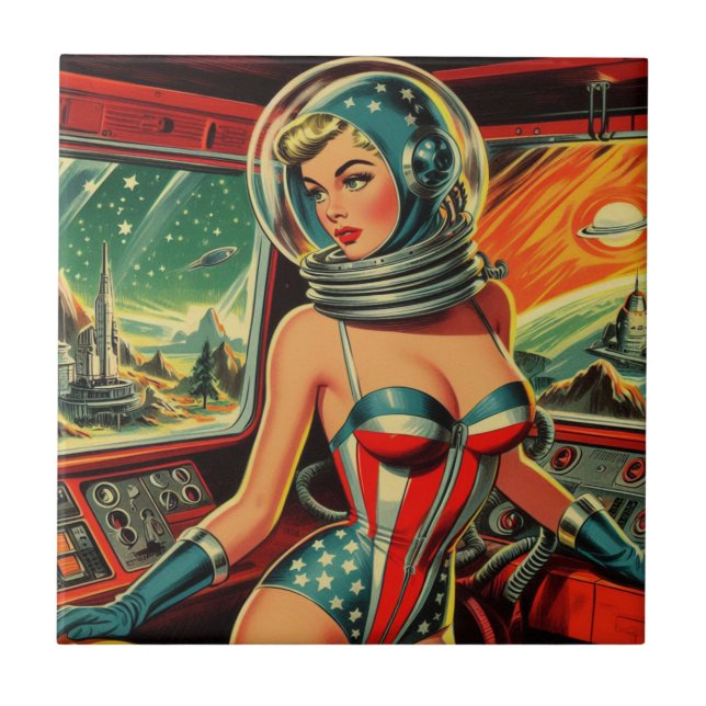 Azulejo De Cerâmica Rapariga do Astronauta Retro (Frente)
