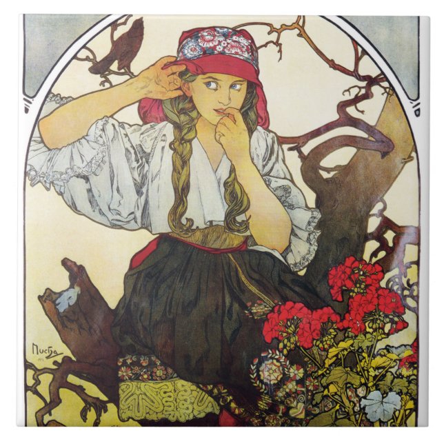 Azulejo De Cerâmica Rapariga e Geranium, Mucha (Frente)