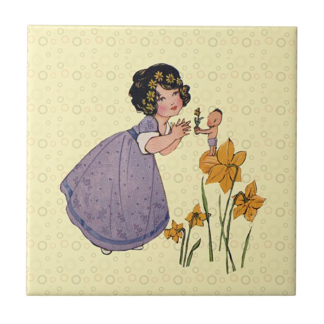 Azulejo De Cerâmica Rapariga Elf Fairy Daffodil Páscoa antiga (Frente)