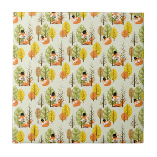 Azulejo De Cerâmica Rapariga Raposa Laranja Fofa Floresta Árvores Outo