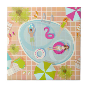 Azulejo De Cerâmica Raparigas Bikini e caras jogando piscina de nataçã