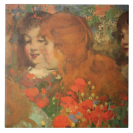 Azulejo De Cerâmica Raparigas com papagaios vermelhos (por George Henr