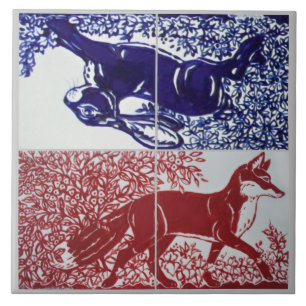Azulejo De Cerâmica Raposa, Coelho Floral Azul Naval Vermelho Desenho 