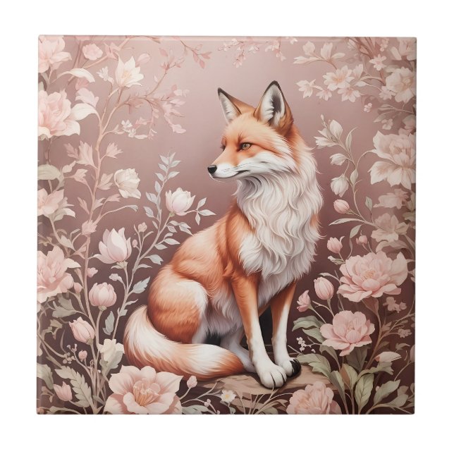 Azulejo De Cerâmica Raposa Com Floral Rosa Sonolenta (Frente)