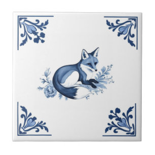 Azulejo De Cerâmica Raposa com Flourar Azul Delft e Canto Branco