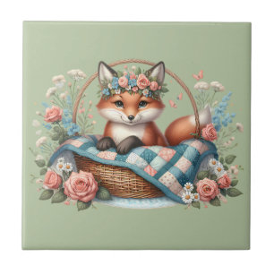 Azulejo De Cerâmica Raposa Floral na Cesta com Colcha e Flores