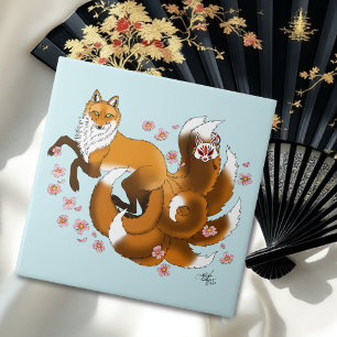 Azulejo De Cerâmica Raposa Kitsune Caprichosa Flores de Cerejeira Azul
