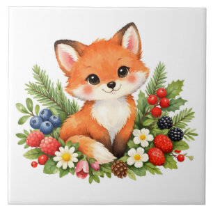Azulejo De Cerâmica Raposinha em aquarela com frutas silvestres e flor