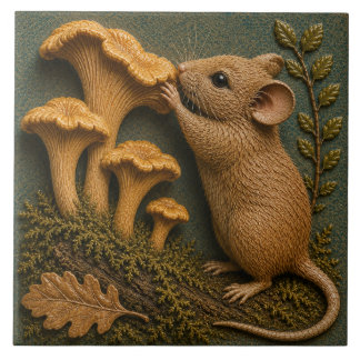 Azulejo De Cerâmica Rato da Floresta & Cogumelo Chanterelle Outono