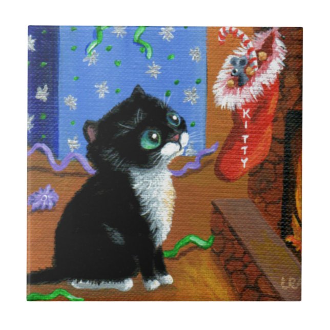 Azulejo De Cerâmica Rato Tuxedo Kitten de Natal Engraçado (Frente)