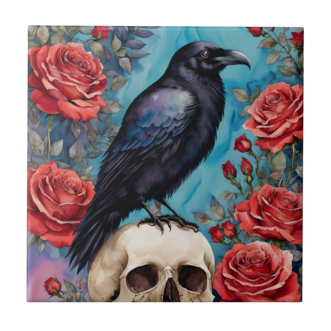 Azulejo De Cerâmica Raven Em Rosas vermelhas De Crânio À Noite (Frente)