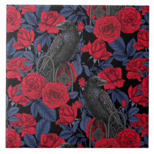Azulejo De Cerâmica Ravens e rosas com folhas azuis escuras