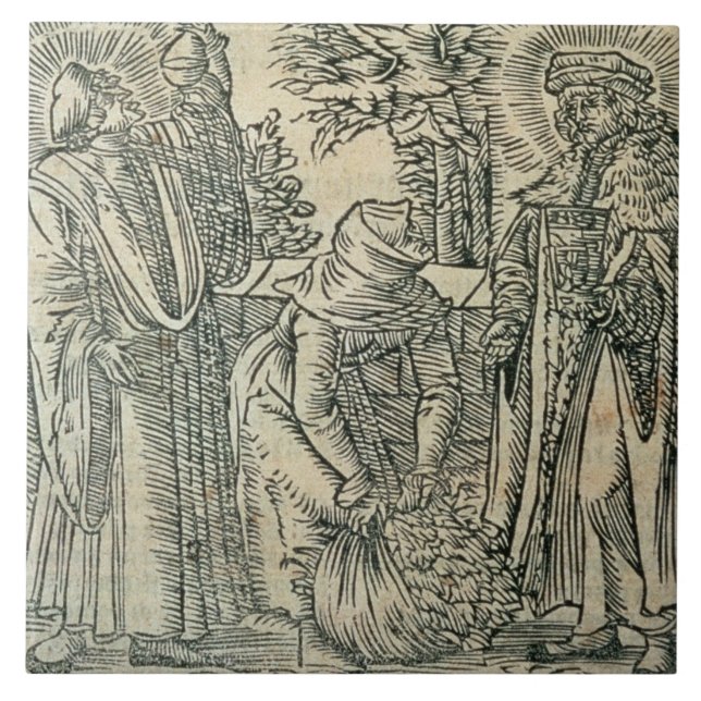 Azulejo De Cerâmica Recolhendo ervas para a medicina, 1534 (woodcut) (Frente)