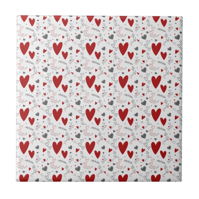 Azulejo De Cerâmica Red and Black Doodle Hearts Love  (Frente)