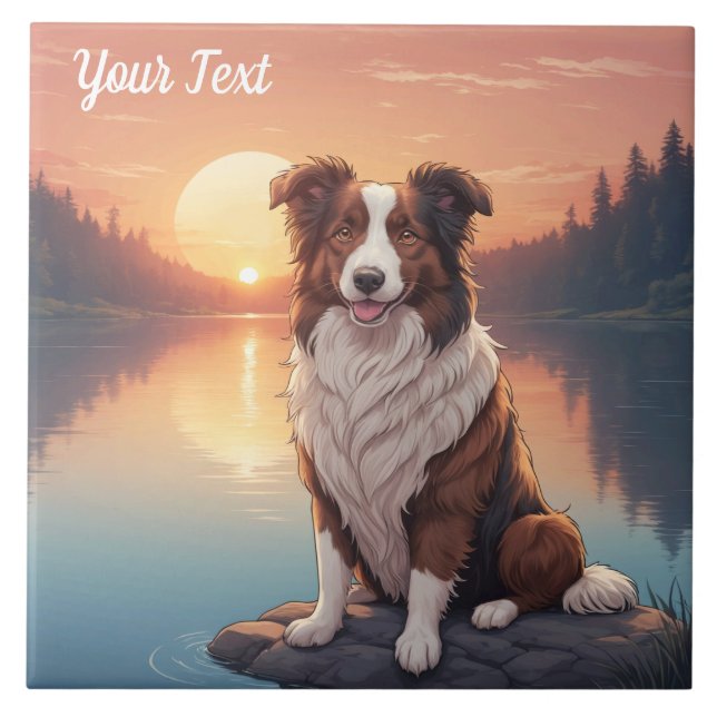 Azulejo De Cerâmica Red and White Collie by Lake (Frente)