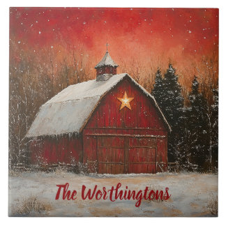 Azulejo De Cerâmica Red Barn & Snow Orange Winter Sunset Farmhouse