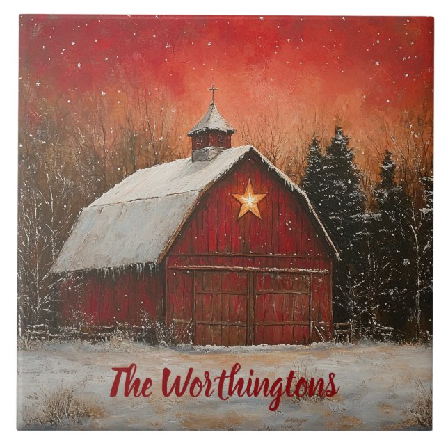 Azulejo De Cerâmica Red Barn & Snow Orange Winter Sunset Farmhouse  (Frente)