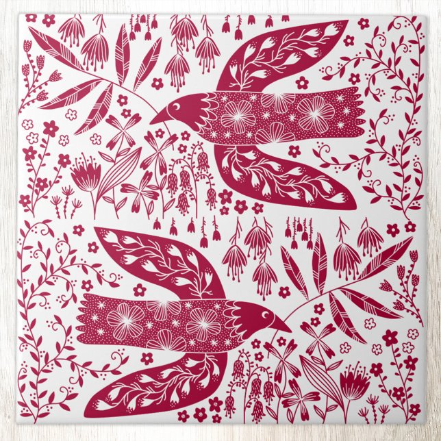 Azulejo De Cerâmica Red Bird Art (Red and white folk art style peace doves and flowers bird art ceramic tile)