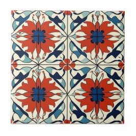 Azulejo De Cerâmica Red Blue and Off White Pattern Ceramic Tile