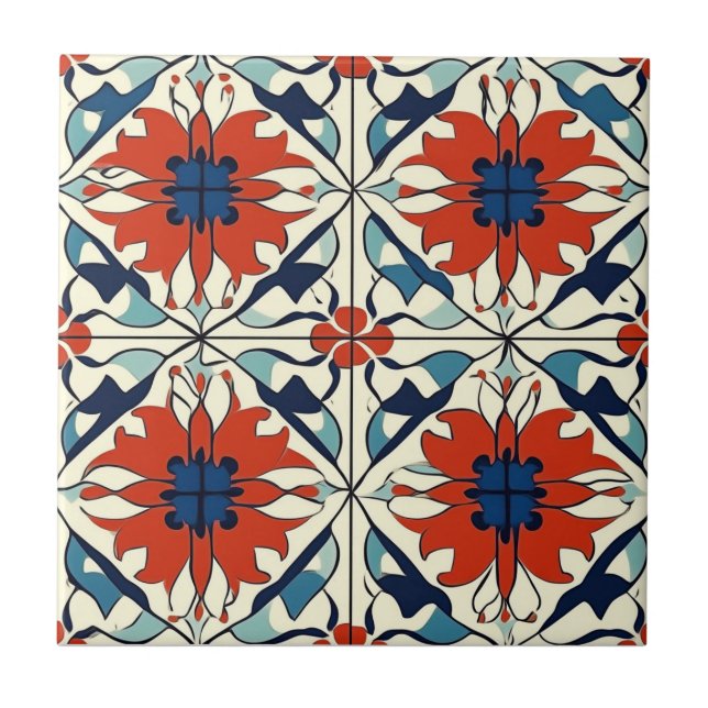 Azulejo De Cerâmica Red Blue and Off White Pattern Ceramic Tile (Frente)