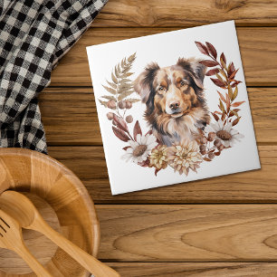 Azulejo De Cerâmica Red Brown Australian Shepherd Wreath Autumn