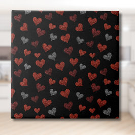 Azulejo De Cerâmica Red Burgundy Silver Glitter Hearts on Black