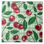 Azulejo De Cerâmica Red cherries on light green gingham<br><div class="desc">Hand painted cherry fruit,  watercolor and ink pattern</div>