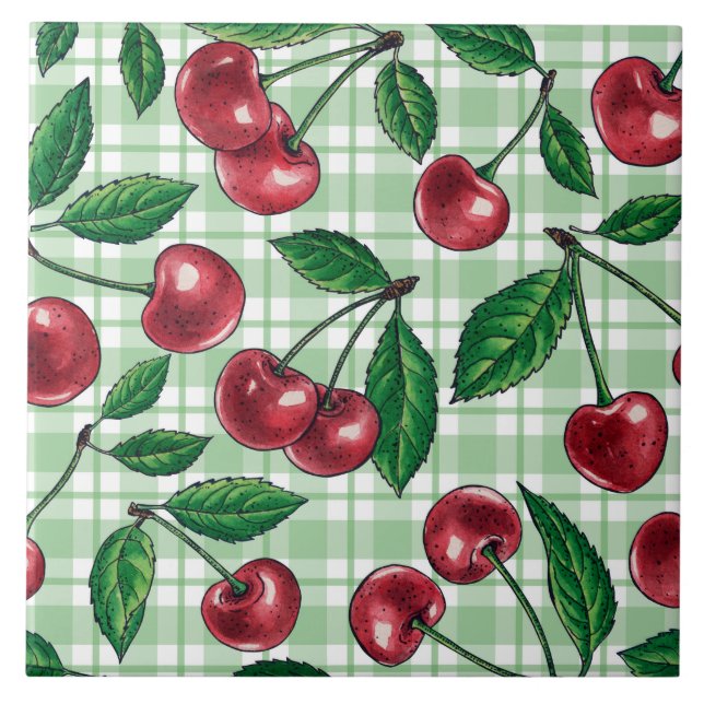 Azulejo De Cerâmica Red cherries on light green gingham (Frente)