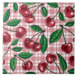 Azulejo De Cerâmica Red cherries on pink gingham<br><div class="desc">Hand painted cherry fruit,  watercolor and ink pattern</div>