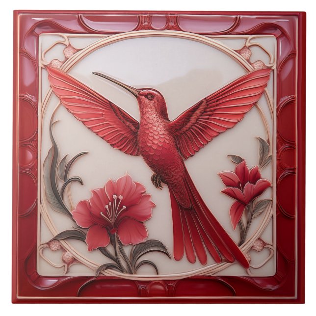 Azulejo De Cerâmica Red & cream faux relief Art Nouveau Hummingbird L (Frente)