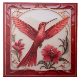 Azulejo De Cerâmica Red & cream faux relief Art Nouveau Hummingbird R