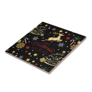 Azulejo De Cerâmica Red Dourado Reindeer Feliz Árvore de Natal